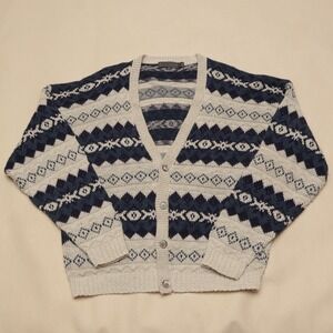 David Taylor Large 100% Acrylic Navy Cream Geometric Knit Cardigan